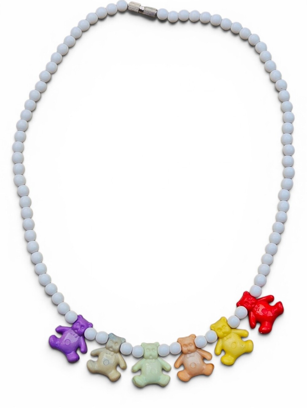 Vintage 80s Gummy Bear Necklace Colorful White Beads Screw Clasp